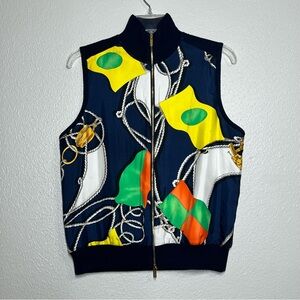 Lauren Ralph Lauren Vest Nautical Silk Zip Front Knit Back Navy Blue Size Medium